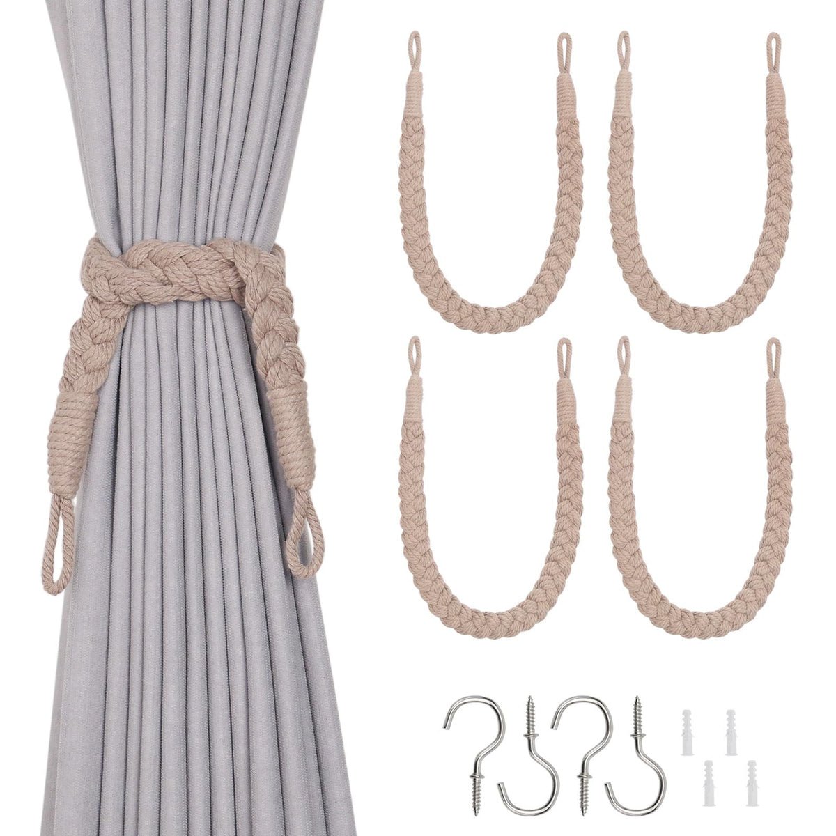 NICEEC 2 Pack Natural Cotton Rope Curtain Tiebacks Elegant Boho Style Decorative Drape Tie Backs Soft Hand-Woven Rope Curtain Holdbacks with Metal Hook for Home & Office Drapery (Coffee)