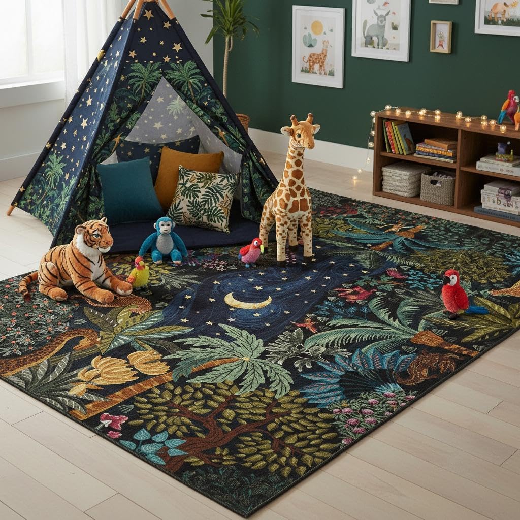 GarveeHome 5x7 Jungle Area Rug Washable Rugs for Living Room Bedroom, Soft Low Pile Non Slip Accent Floor Mat Animal Print Throw Rug Indoor Carpet Dining Room Playroom