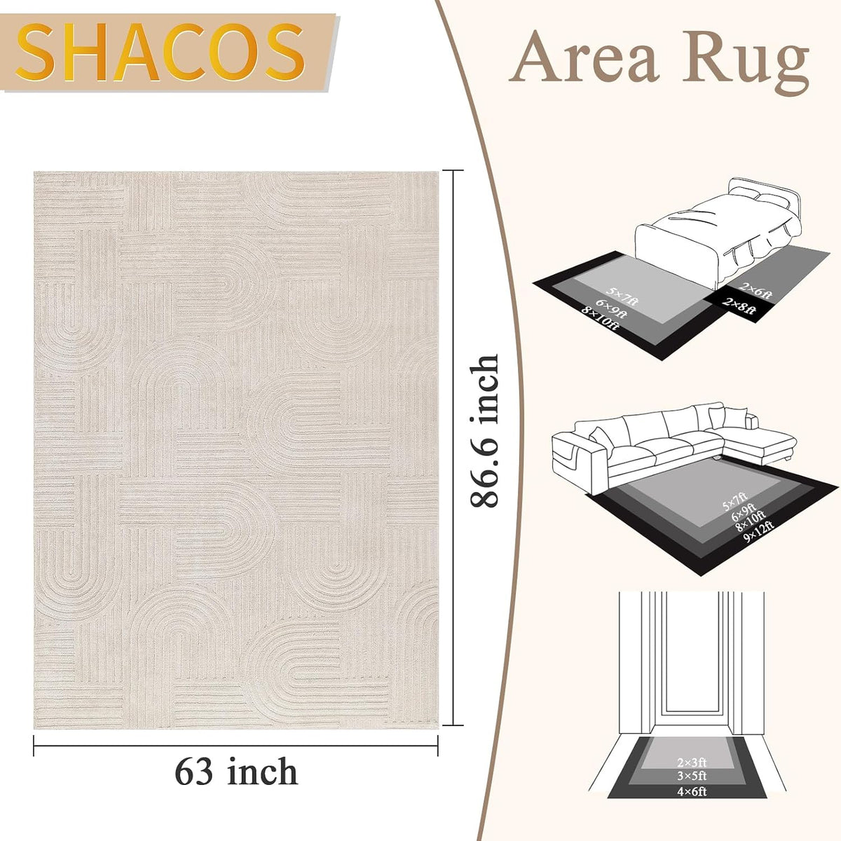 SHACOS Soft Cozy Fluffy Arch Pattern High-Low Pile Textured Area Rug 5'3"x7'3" Non Slip Washable Modern Geometric Rug Stain Resistant Contemporary Carpet for Living Room Bedroom Dining Room, Beige