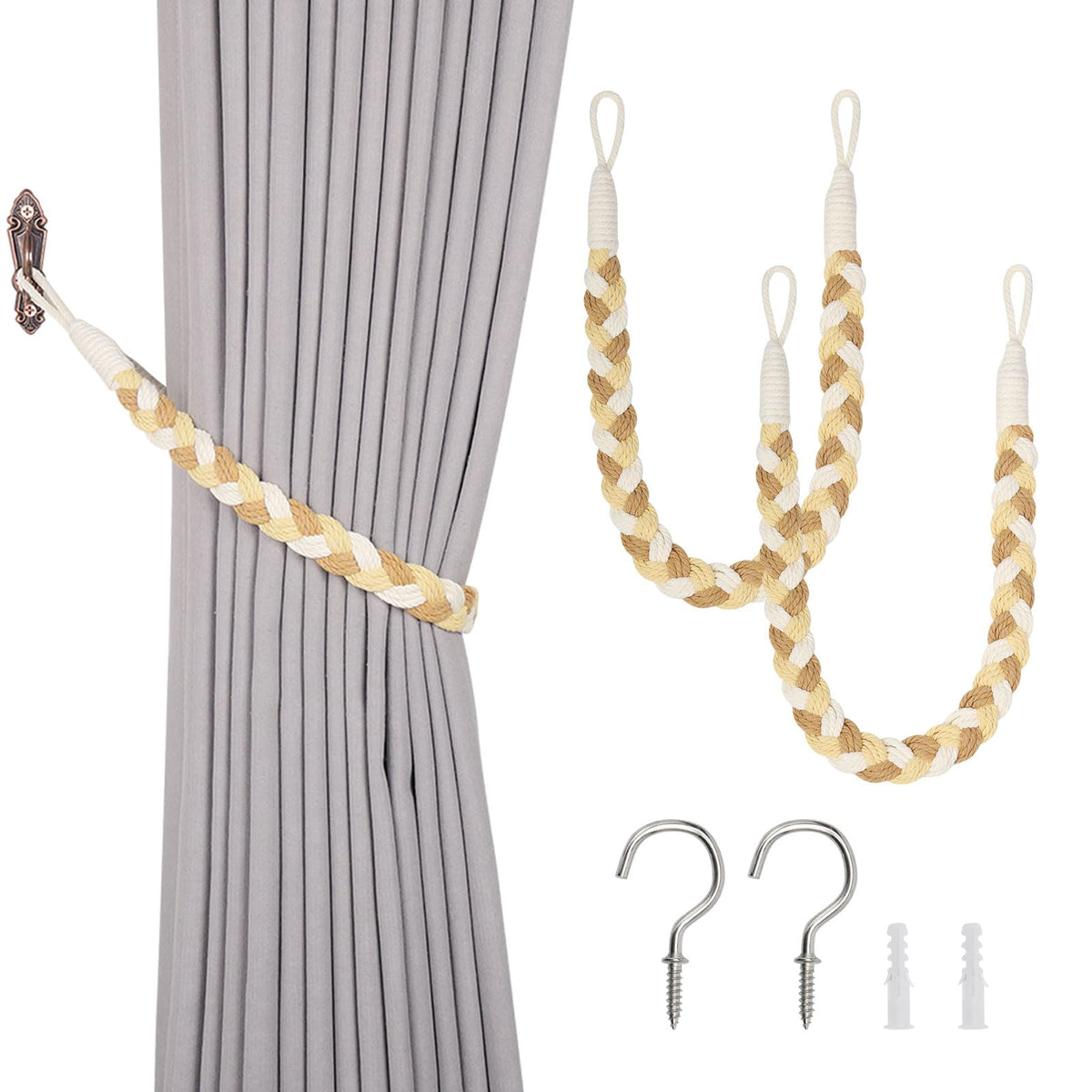 NICEEC 2 Pack Natural Cotton Rope Curtain Tiebacks Elegant Boho Style Decorative Drape Tie Backs Soft Hand-Woven Rope Curtain Holdbacks with Metal Hook for Home & Office Drapery (Coffee)