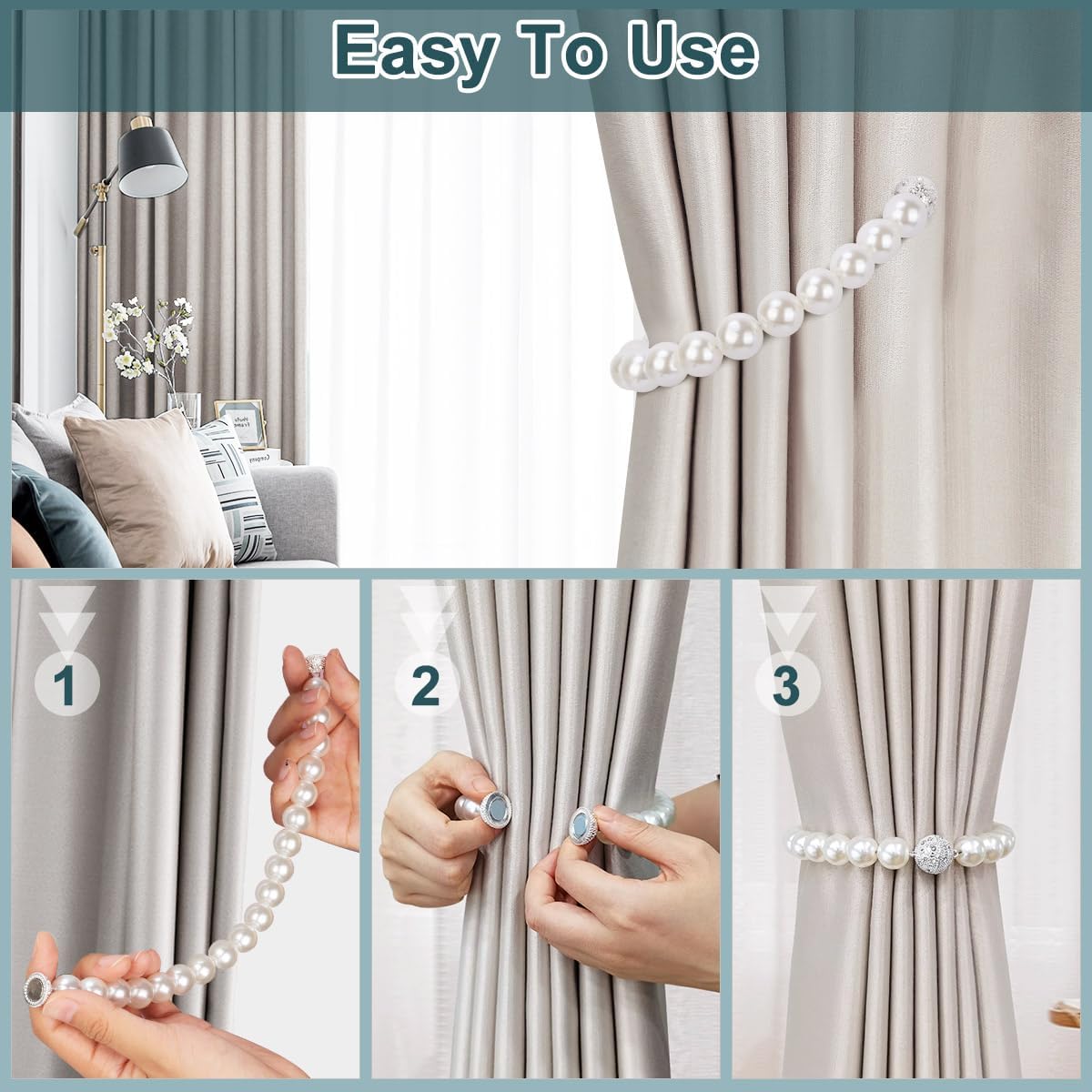 AULEEP Magnetic Curtain Tiebacks Holdbacks Pearl Curtain Holders 2 Pack