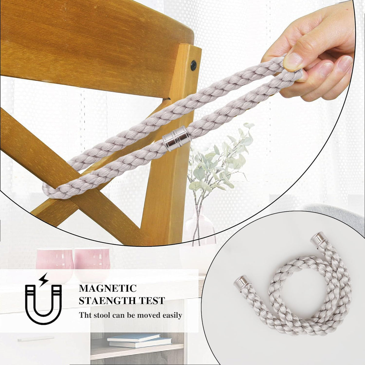 Magnetic Curtain Tiebacks, 2pcs Modern Handmade Rope Curtain Tie Backs Decorative Curtain Holdbacks Holders Cord for Window Sheer Drapes Indoor Outdoor, Grey
