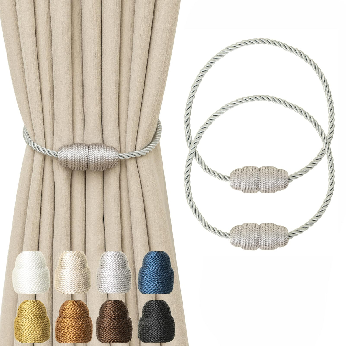 Magnetic Curtain Tiebacks Rope Curtain Tie Backs for Curtains 6 Pack Curtain Holders for Drapes Decorative Window Curtain Holdbacks, Gold