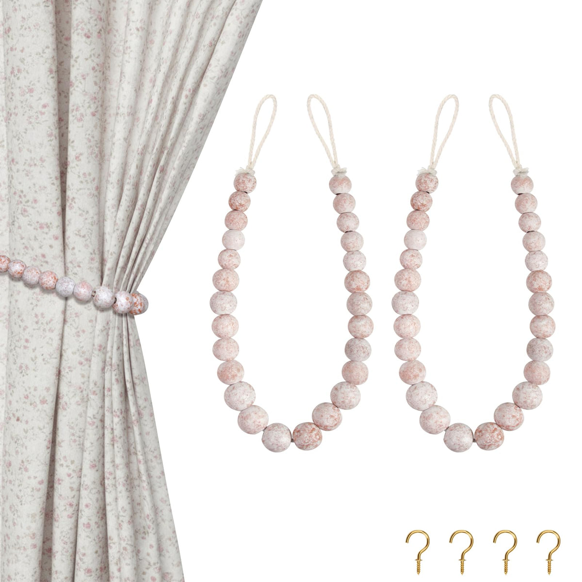 Hion 2-Pack Curtain Tiebacks,Curtain Holdbacks,Boho Wood Bead Tie Backs