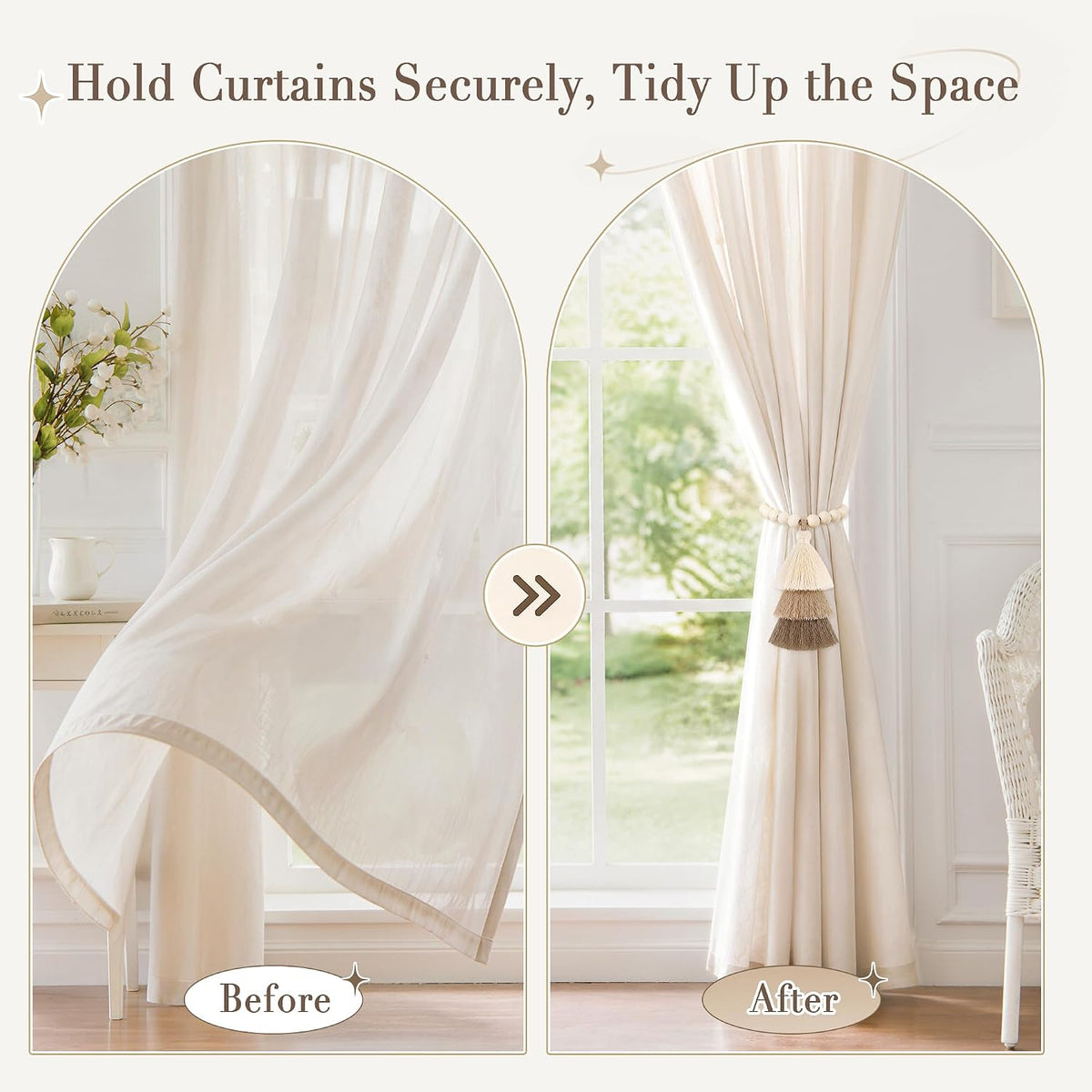 Magnetic Curtain Tiebacks, Wood Bead Curtain Holdbacks, Beige, 2 Pcs