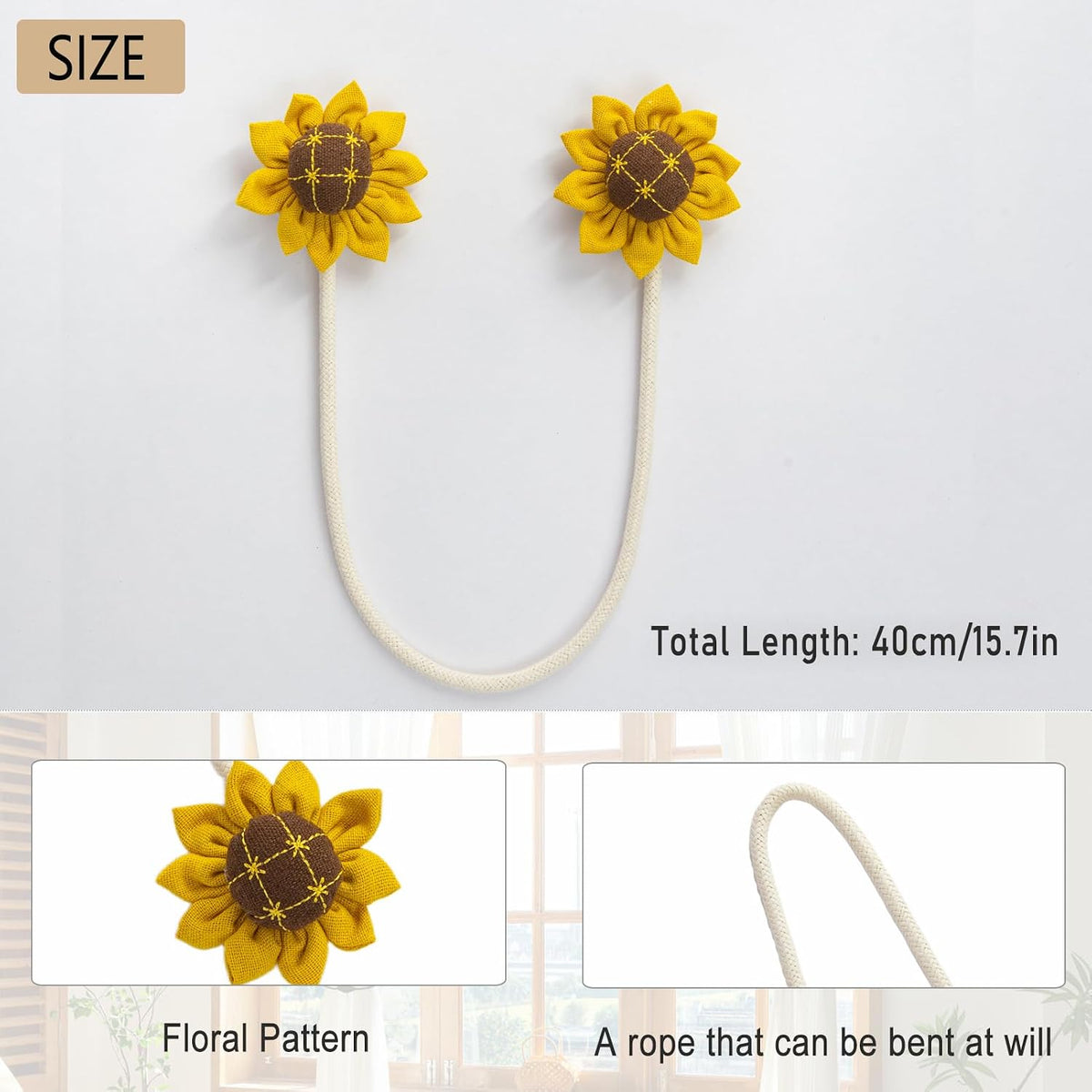 Bendable Curtain Tiebacks, Rope Tie Backs Curtains with Floral Design, 2Pack Elegant DIY Curtain Holdbacks, Decorative Window Holder for Bedroom Decor, Heronsbill