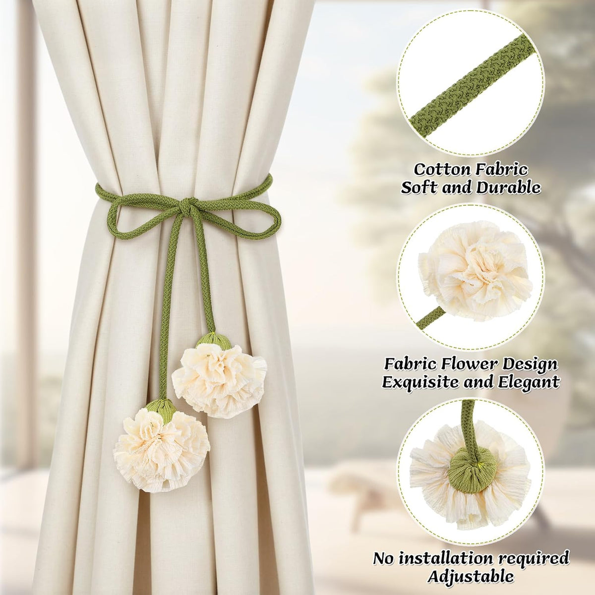 Tegeme 4 Pcs Curtain Tiebacks Flower Curtain Holdbacks Boho Floral Drapery Holdbacks No Drill DIY Decorative Ties for Home Office Wall Hangings Nursery Bedroom Decor(White,Boho Flower)