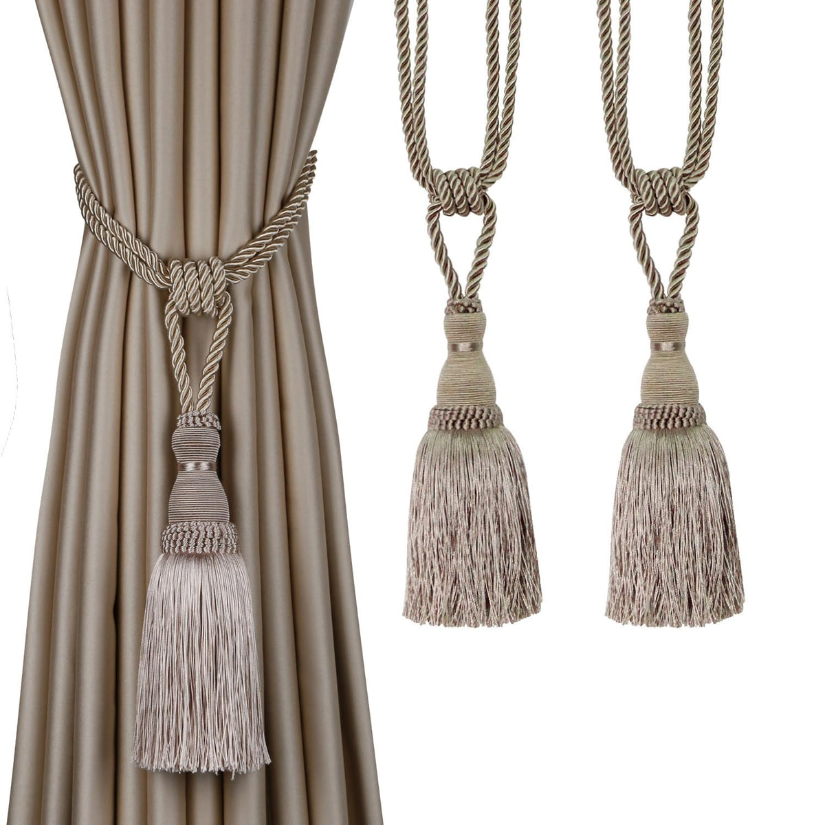 BEL AVENIR 2 Pack Curtain Tiebacks Tassel Drapery Tie-Backs Rope Holdbacks