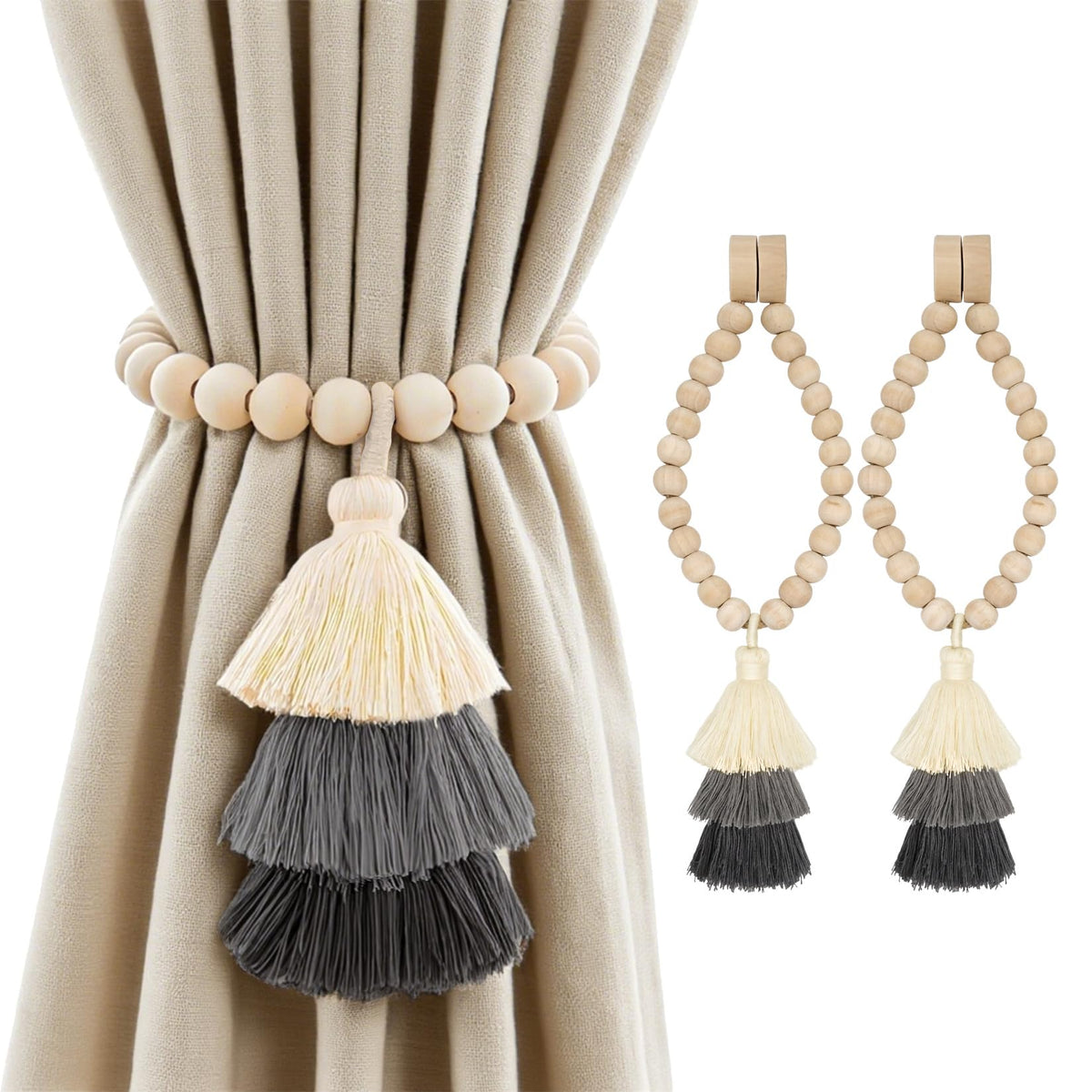 Magnetic Curtain Tiebacks with Wood Beads, Boho Rope Drapery Holdbacks with Triple Tassels, No Drill Curtain Holders for Farmhouse Bedroom, Living Room or Nursery, 2 Pack, Beige Taupe Brown