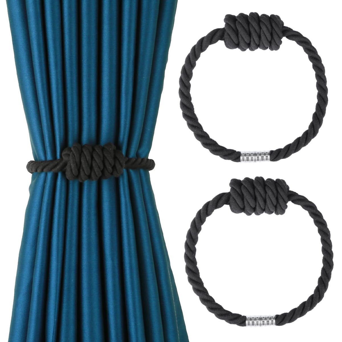 2 Pack Magnetic Curtain Tiebacks with Rope Knot(Gold,2P)