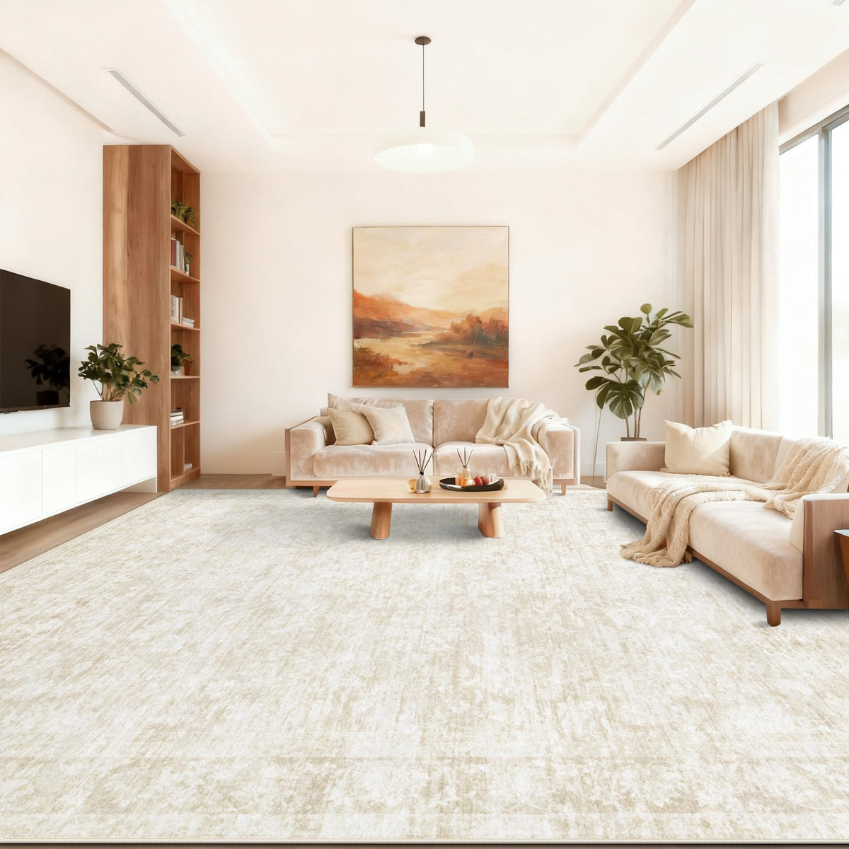 Bedroom Rug Washable Large Area Rugs Foldable Low Pile Print Non Slip Boho Patterned Rugs for Bedroom Living Room Dining Home Office (Floral Beige, 5'x7')