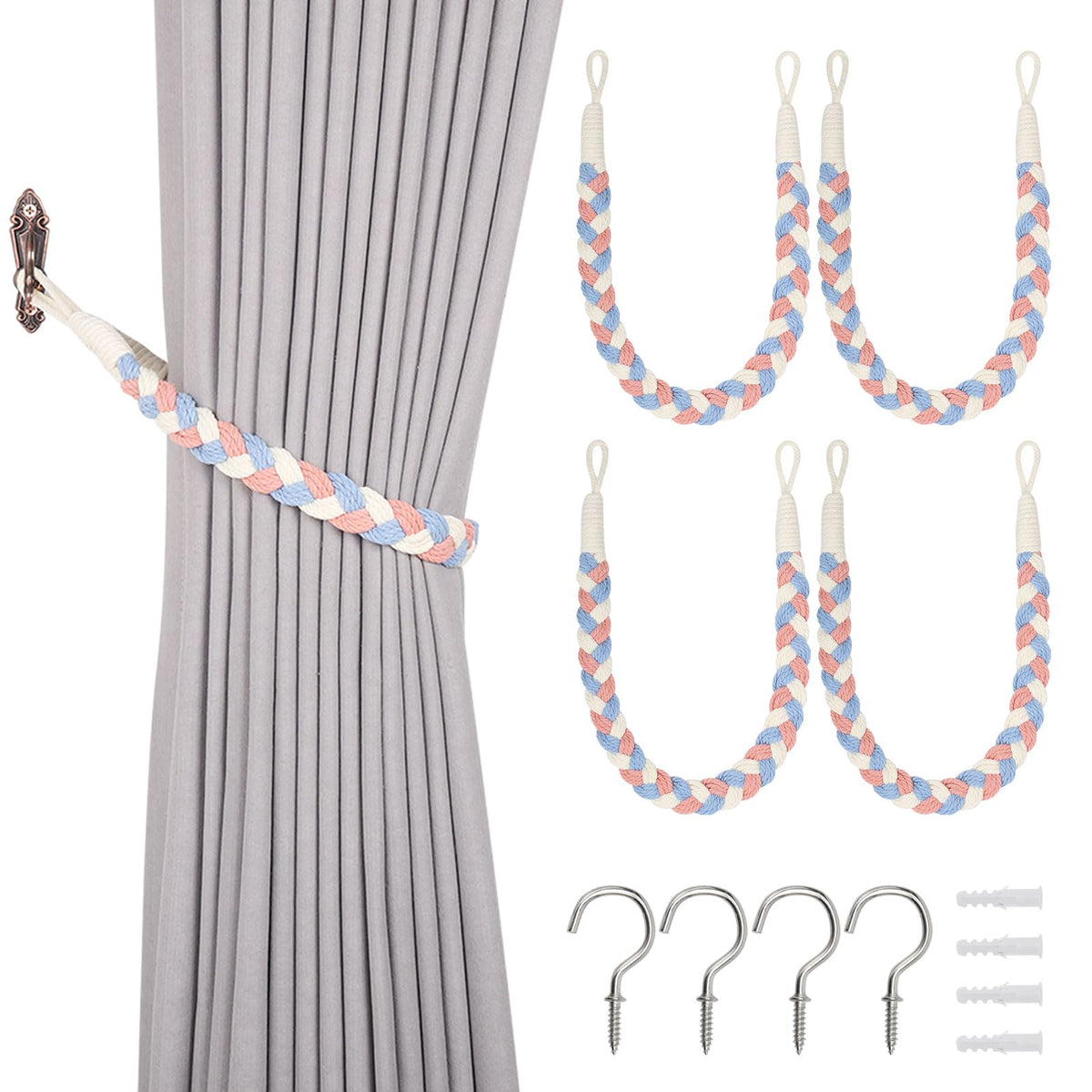 NICEEC 2 Pack Natural Cotton Rope Curtain Tiebacks Elegant Boho Style Decorative Drape Tie Backs Soft Hand-Woven Rope Curtain Holdbacks with Metal Hook for Home & Office Drapery (Coffee)