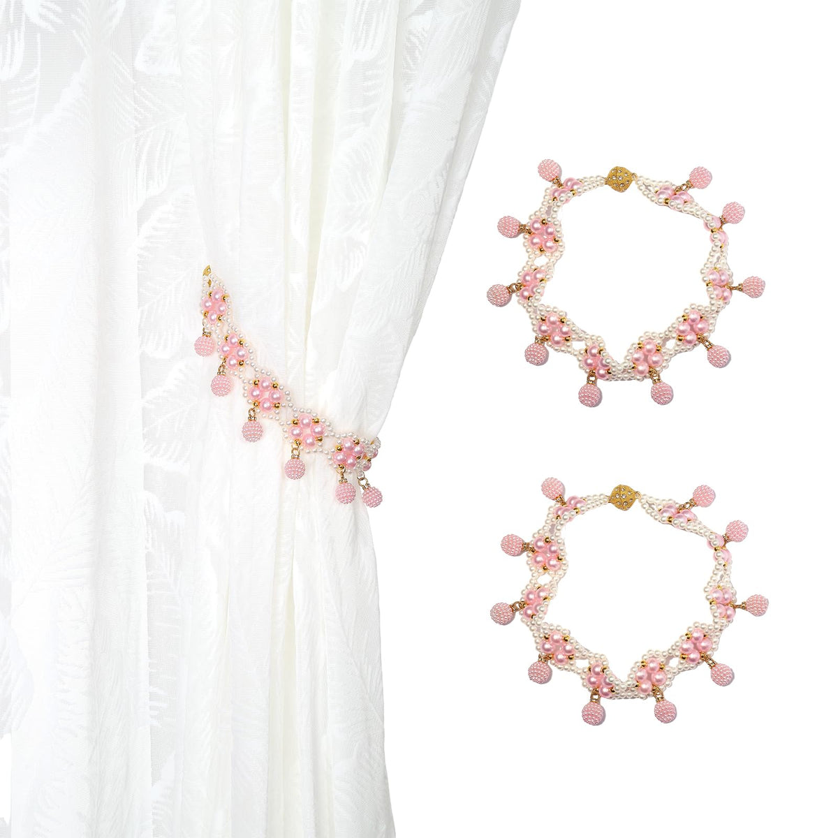 SUQ I OME Magnetic Pearl Beaded Curtain Tieback, White, 1 Pair