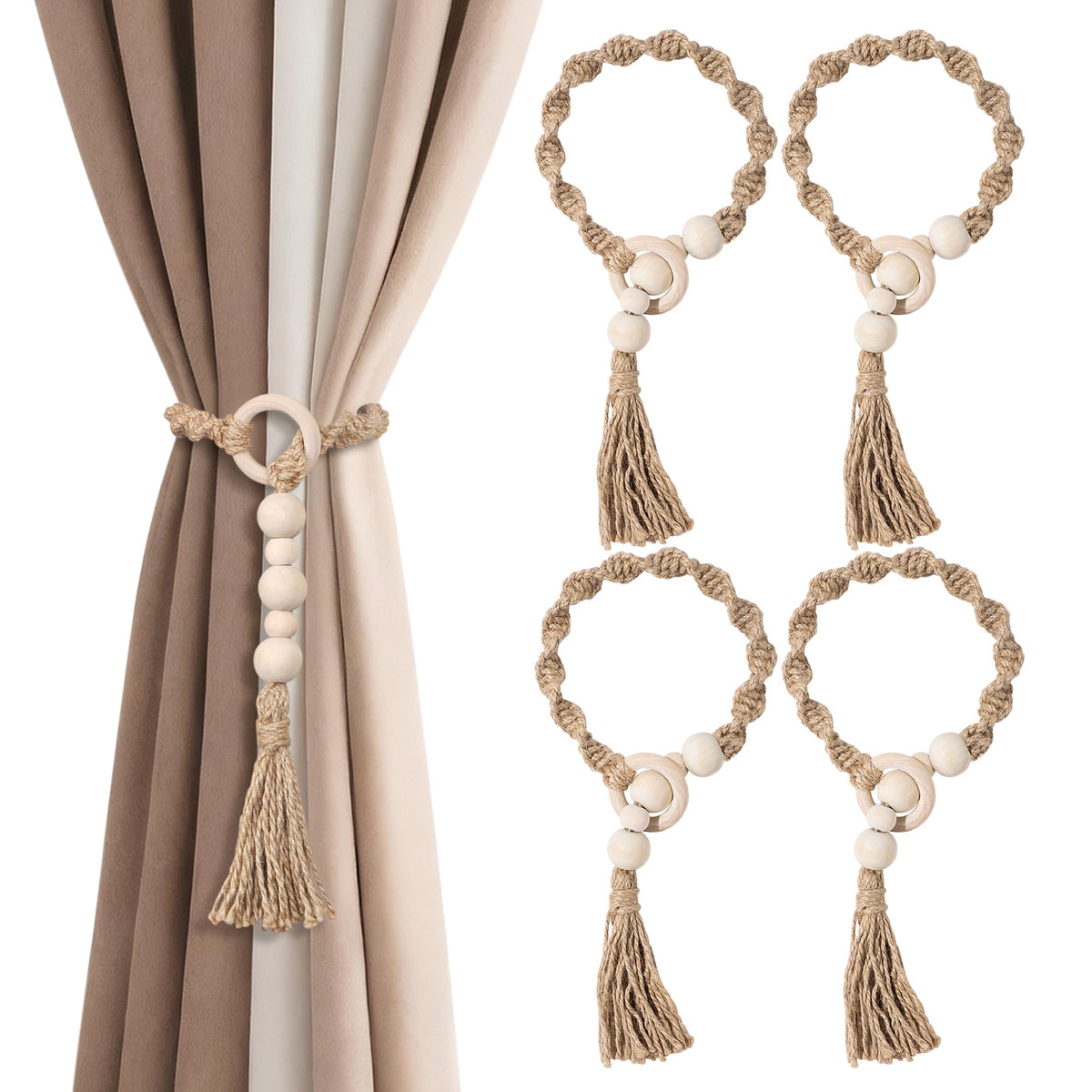 Macrame Curtain Tiebacks with Wooden Beads, Jute Rope Boho Holdbacks with Tassels, Natural Beige, 4-PCS (4)