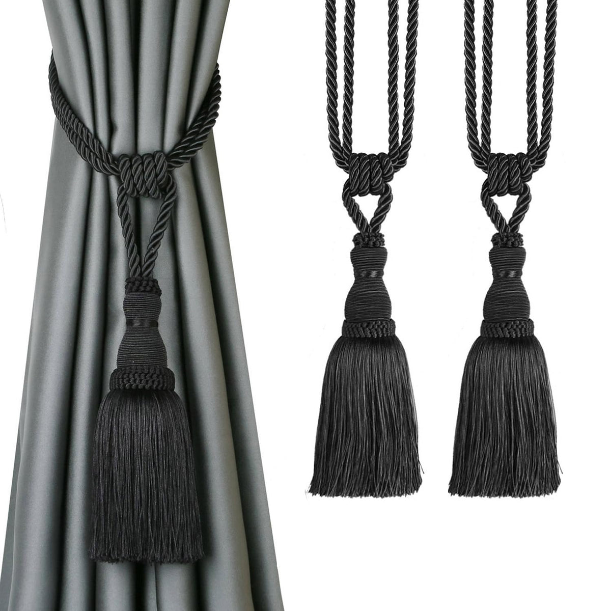 BEL AVENIR 2 Pack Curtain Tiebacks Tassel Drapery Tie-Backs Rope Holdbacks