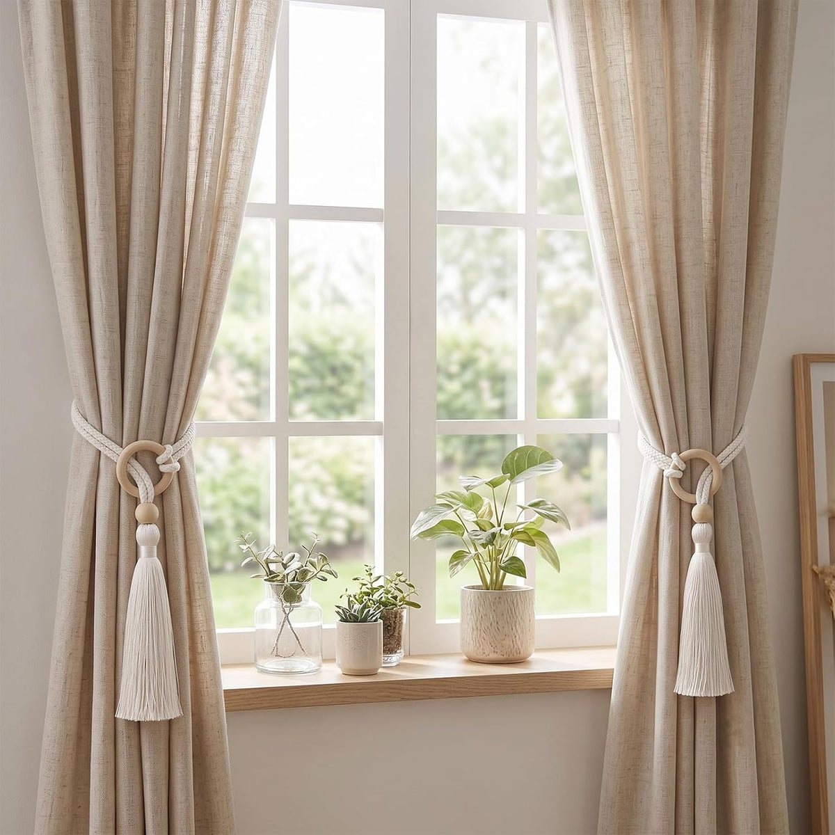 Cotton-Linen Curtain Tiebacks with Tassels (Ivory 4 Pack)