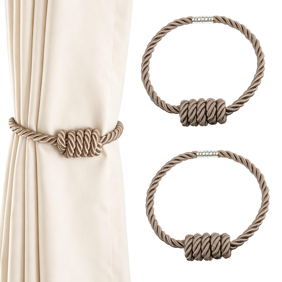 2 Pack Magnetic Curtain Tiebacks with Rope Knot(Gold,2P)