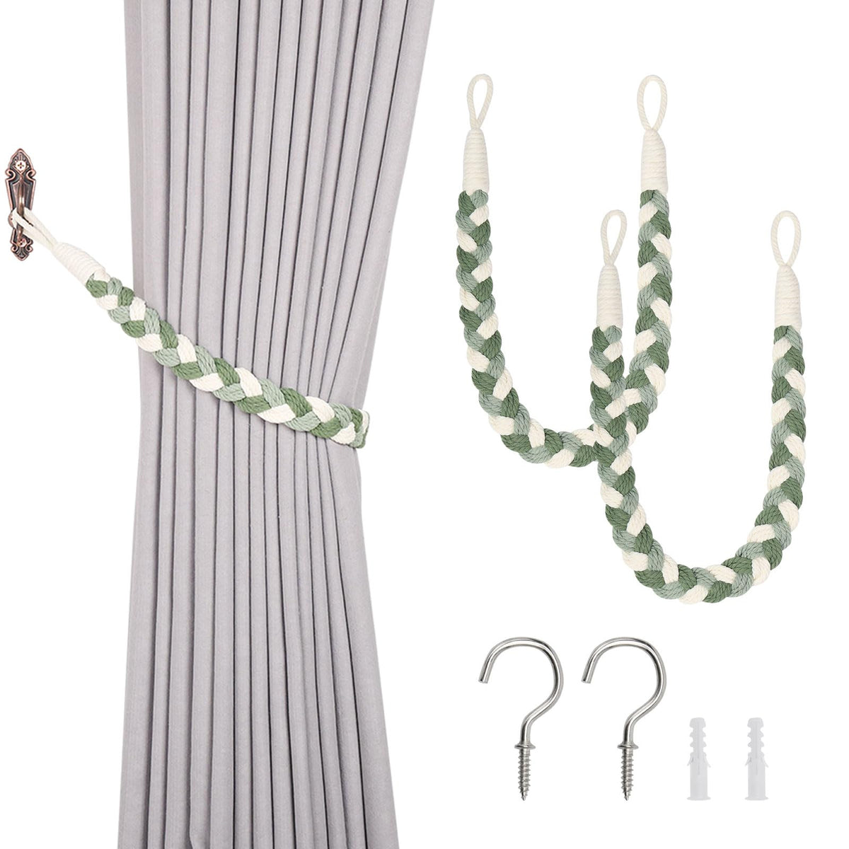 NICEEC 2 Pack Natural Cotton Rope Curtain Tiebacks Elegant Boho Style Decorative Drape Tie Backs Soft Hand-Woven Rope Curtain Holdbacks with Metal Hook for Home & Office Drapery (Coffee)