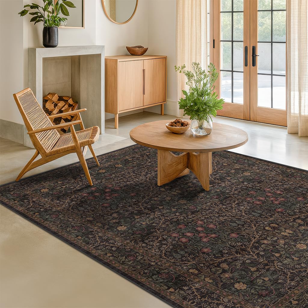 Floral Dark Green Washable Area Rugs 8x10, Vintage Living Room Rug
