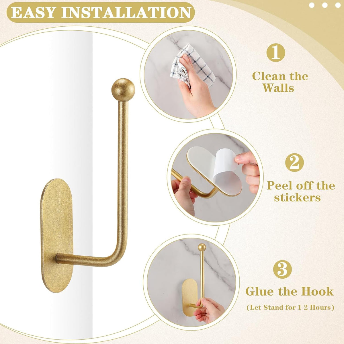 CroBlissful 2 Pcs Adhesive Curtain Holdbacks No Drill Window Hook,Gold