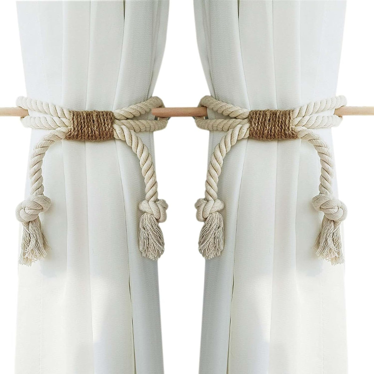 Curtain Tiebacks Rustic Holdbacks for Drapes(2 Pack), Farmhouse Curtain Holdbacks, Jute Rope with Wood Club, Natural Boho Chic Decor Drapery Holder