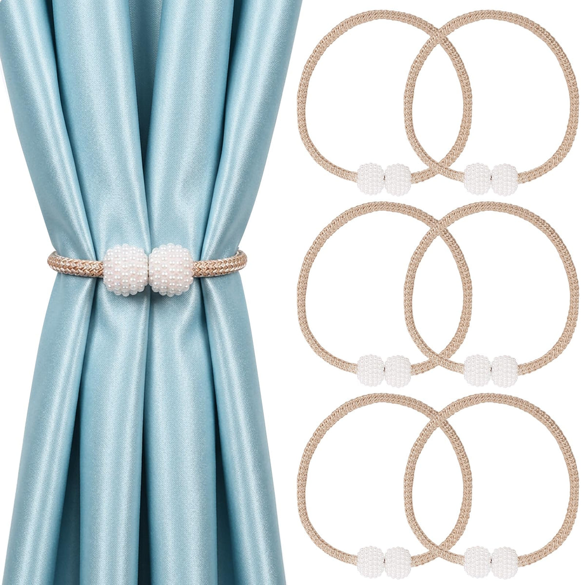 6 Pack Grey Magnetic Curtain Tiebacks with Decorative Pearl, 18.9 inch Curtain Holdbacks for Drapes, Strong Magnet Curtain Holders for Window Treatments, Home and Office Decor