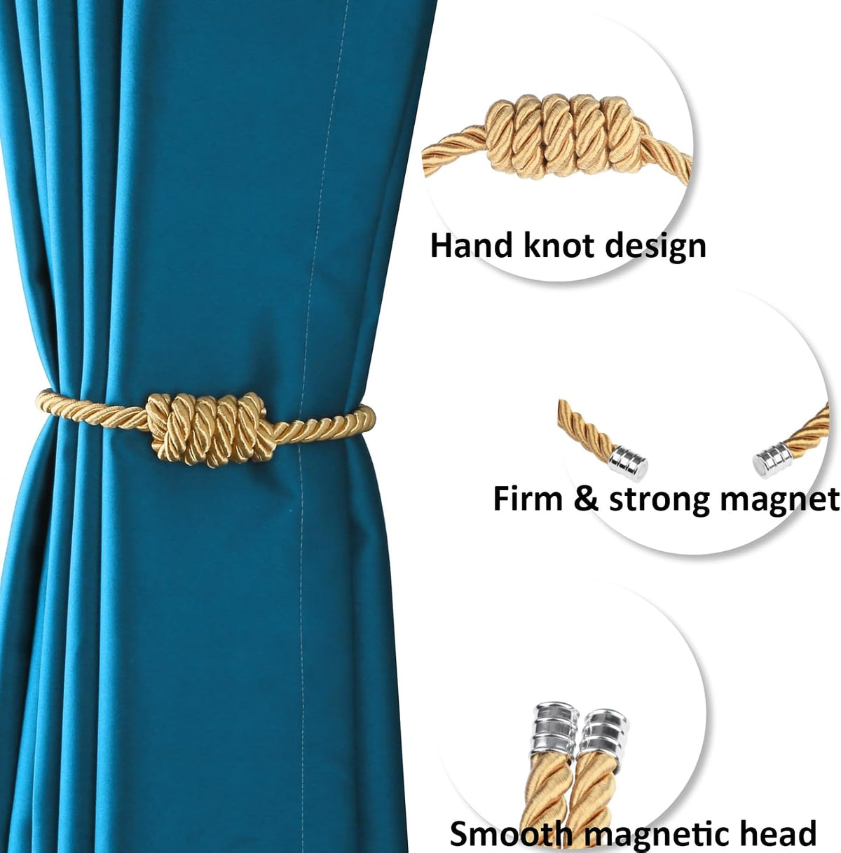 2 Pack Magnetic Curtain Tiebacks with Rope Knot(Gold,2P)