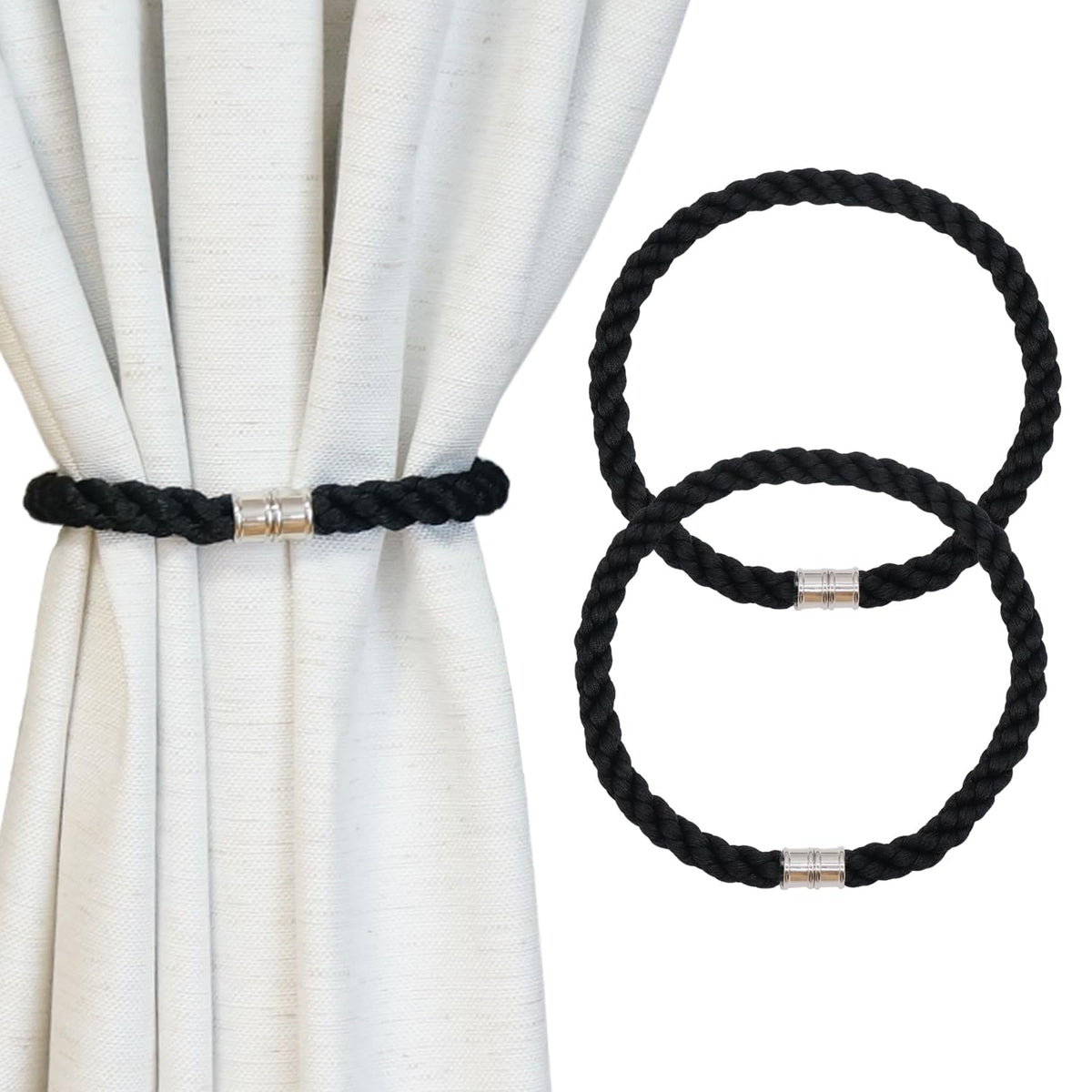 Magnetic Curtain Tiebacks, 2pcs Modern Handmade Rope Curtain Tie Backs Decorative Curtain Holdbacks Holders Cord for Window Sheer Drapes Indoor Outdoor, Grey