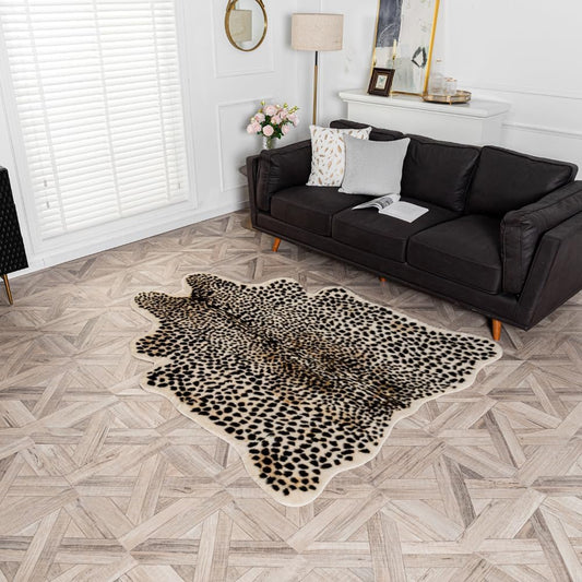 Leopard Area Rug Animals Printed Hide Mats Faux Fur Cowhide Skin Carpet for Home Office, Living Room, Bedroom, 5.2ft x 6.5ft (160 x 200cm)