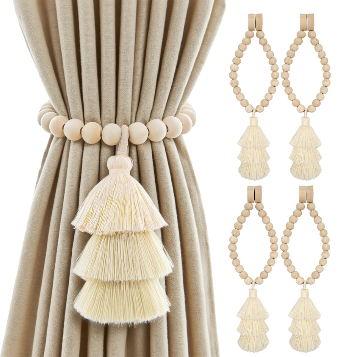 Magnetic Curtain Tiebacks with Wood Beads, Boho Rope Drapery Holdbacks with Triple Tassels, No Drill Curtain Holders for Farmhouse Bedroom, Living Room or Nursery, 2 Pack, Beige Taupe Brown