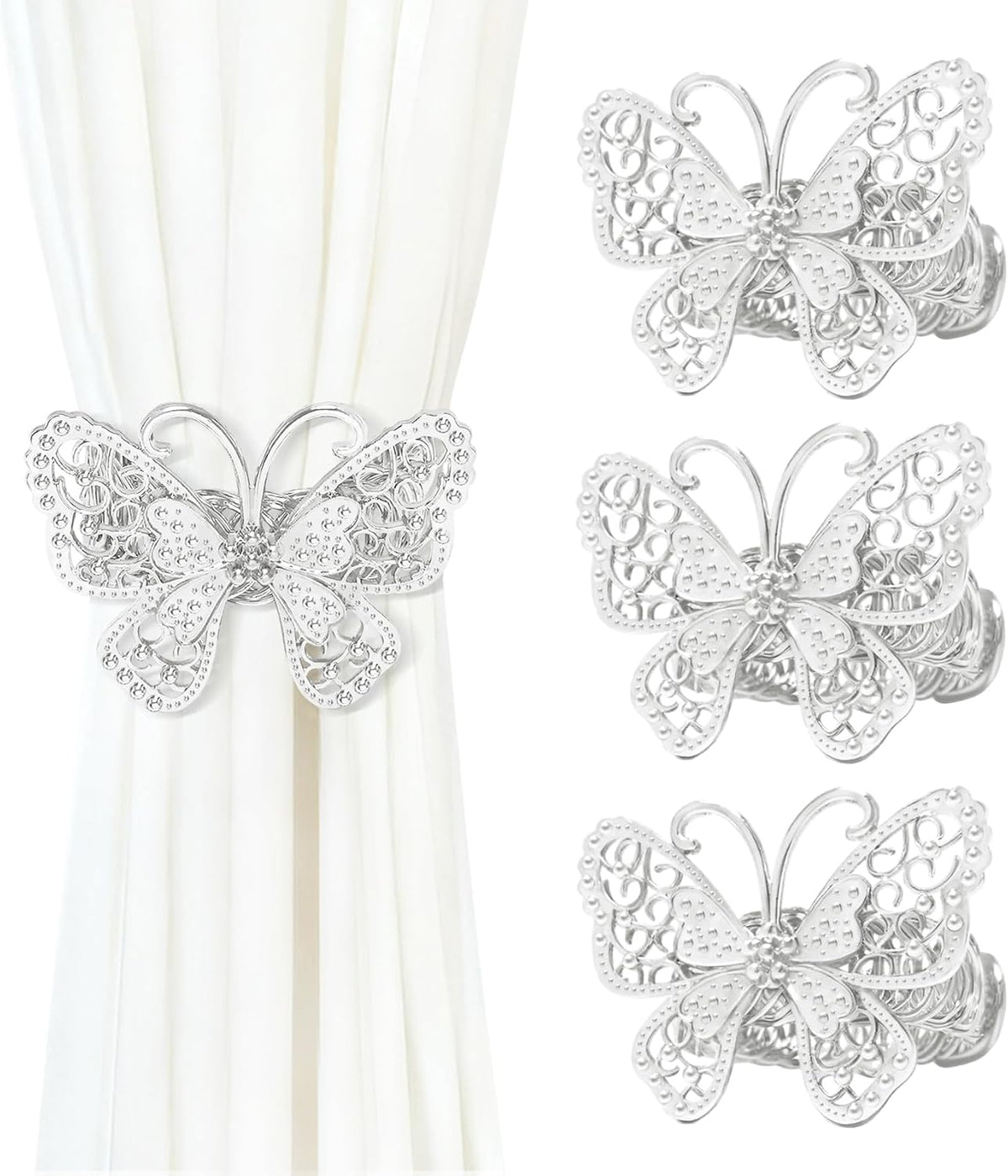 Butterfly Curtain Tiebacks 4 Pack, Gold Metal Curtain Holdbacks, Decorative Boho Curtain Tie Backs for Drapes, Self-Closing Window Curtain Holders for Home Office Cafe Balcony (Silver)