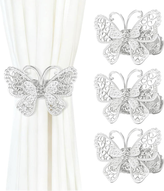 Butterfly Curtain Tiebacks 4 Pack, Gold Metal Curtain Holdbacks, Decorative Boho Curtain Tie Backs for Drapes, Self-Closing Window Curtain Holders for Home Office Cafe Balcony (Silver)