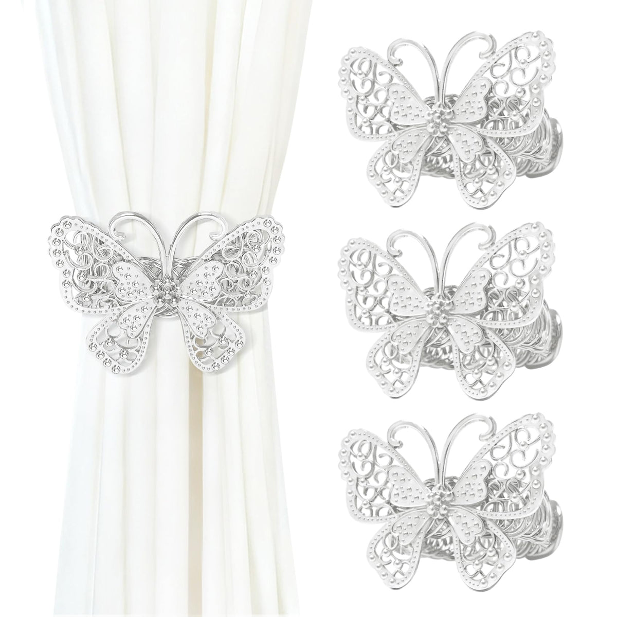 Butterfly Curtain Tiebacks 4 Pack, Gold Metal Curtain Holdbacks, Decorative Boho Curtain Tie Backs for Drapes, Self-Closing Window Curtain Holders for Home Office Cafe Balcony (Silver)