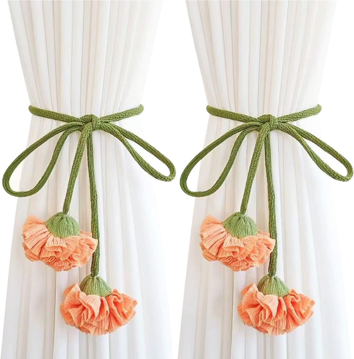 Handmade Curtains Tiebacks, Boho Flower Curtain Tie Backs Curtain Holder Tie Backs for Curtains Braided,Cute Flower Curtain Ties Decorative Rope for Bedroom Window Treatment (Orange)