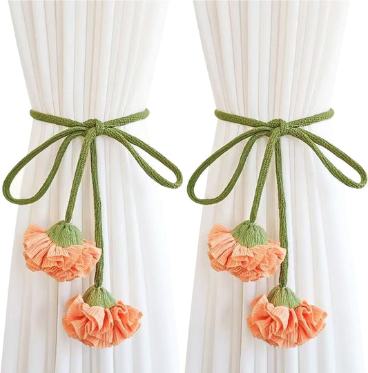 Handmade Curtains Tiebacks, Boho Flower Curtain Tie Backs Curtain Holder Tie Backs for Curtains Braided,Cute Flower Curtain Ties Decorative Rope for Bedroom Window Treatment (Orange)