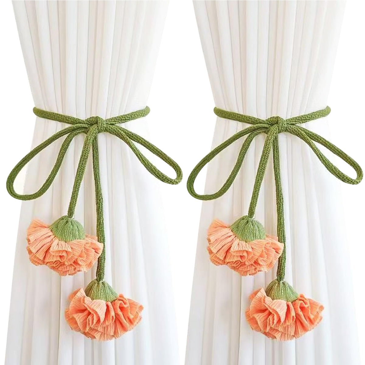 Handmade Curtains Tiebacks, Boho Flower Curtain Tie Backs Curtain Holder Tie Backs for Curtains Braided,Cute Flower Curtain Ties Decorative Rope for Bedroom Window Treatment (Orange)