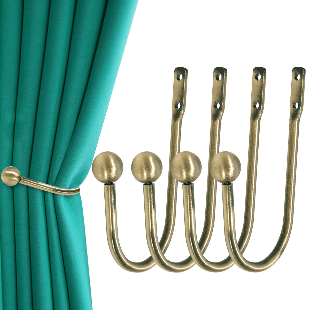 Curtain Holdback, 2 Pcs Wall Mounted Drapery Tiebacks with Screws, Heavy Duty Metal Decorative Window Drapery Holder Curtain Hook, Brass