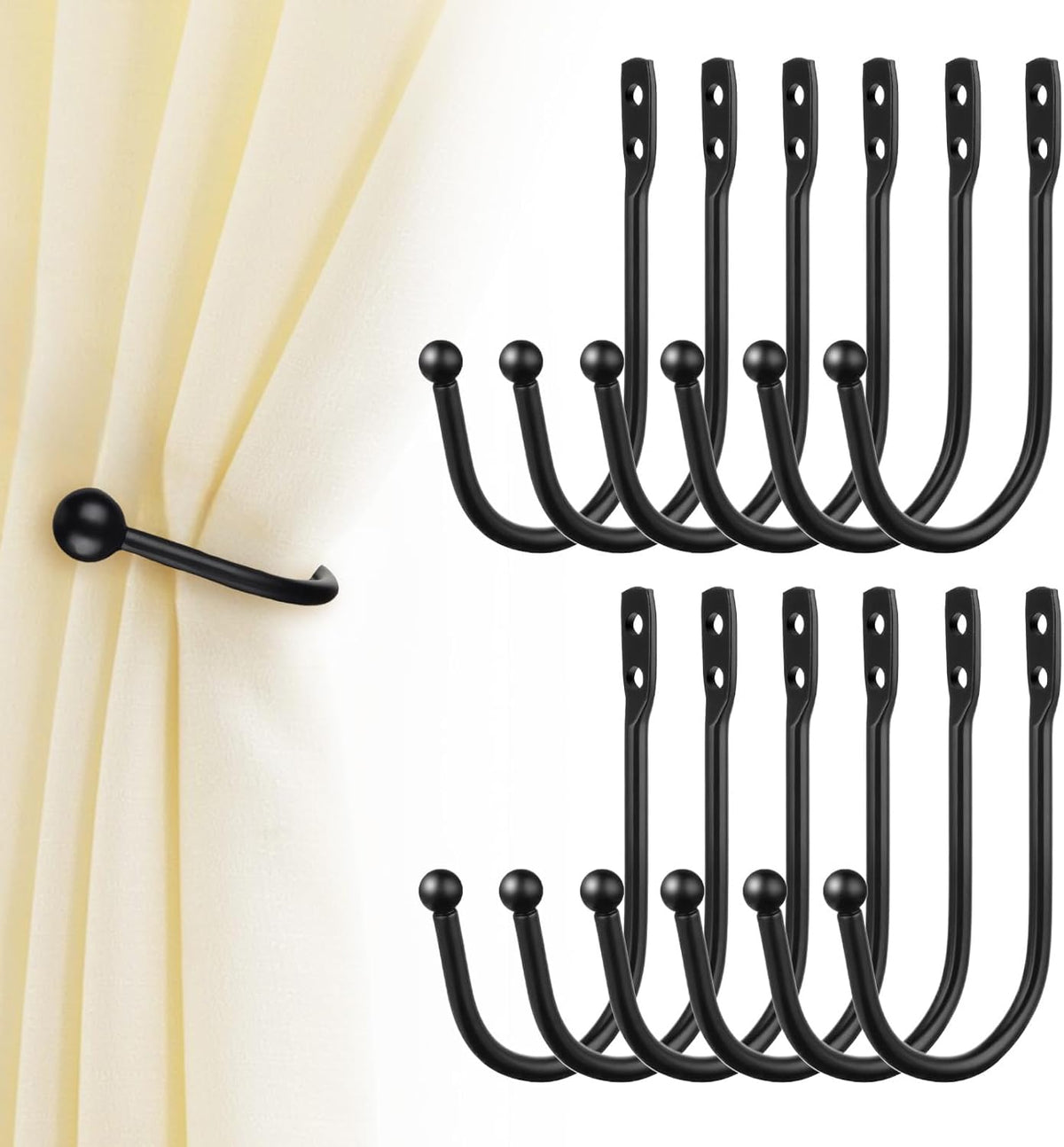 12PCS Curtain Tie Back Hooks, Metal Curtain Holdbacks Side Tiebacks Wall Mounted with Screws, Black