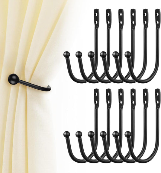 12PCS Curtain Tie Back Hooks, Metal Curtain Holdbacks Side Tiebacks Wall Mounted with Screws, Black