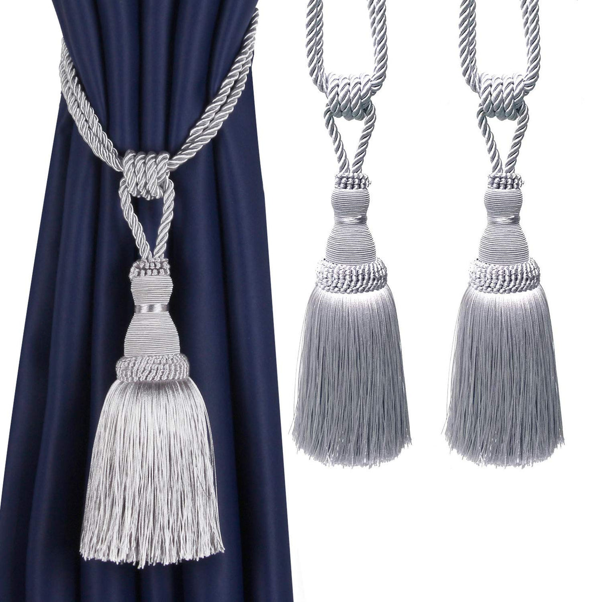 BEL AVENIR 2 Pack Curtain Tiebacks Tassel Drapery Tie-Backs Rope Holdbacks
