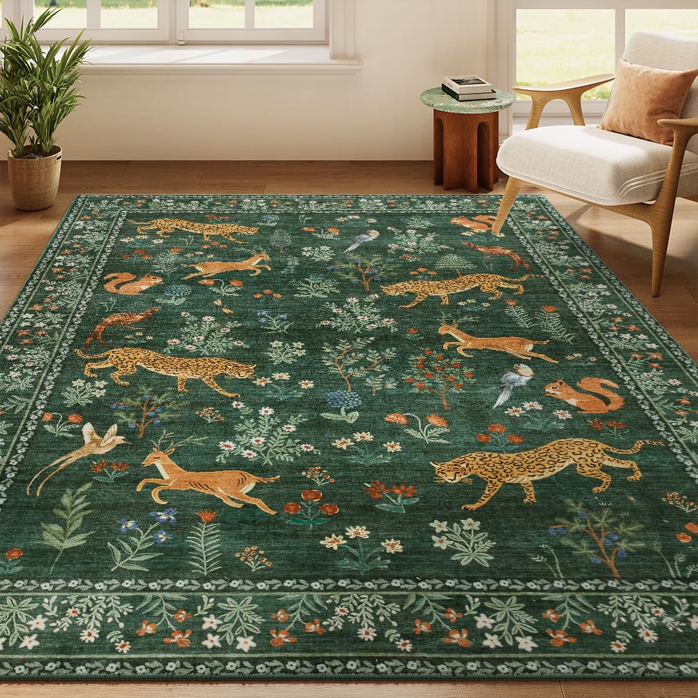 8x10 Reddish Brown Washable Area Rug for Living Room, Vintage Print