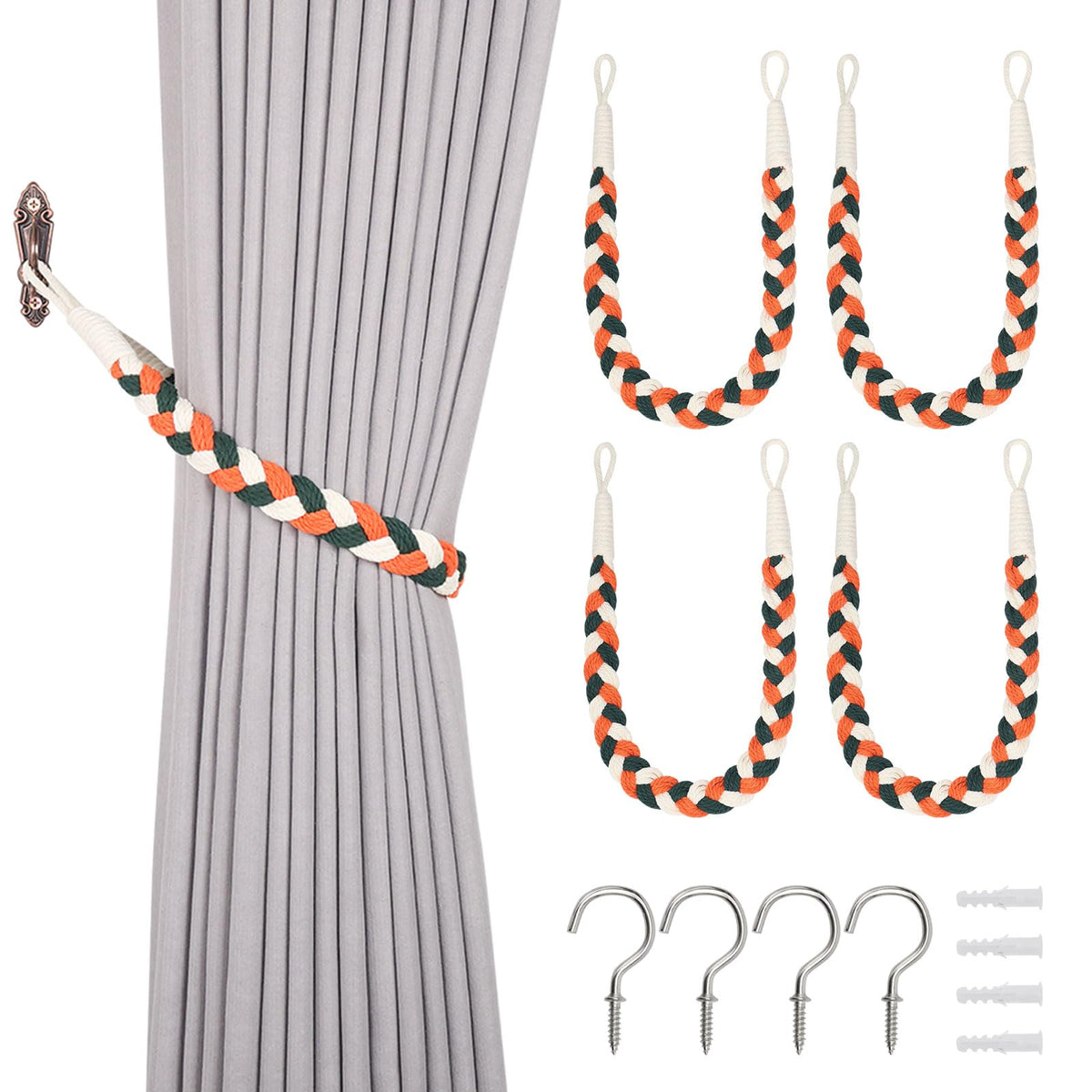 NICEEC 2 Pack Natural Cotton Rope Curtain Tiebacks Elegant Boho Style Decorative Drape Tie Backs Soft Hand-Woven Rope Curtain Holdbacks with Metal Hook for Home & Office Drapery (Coffee)