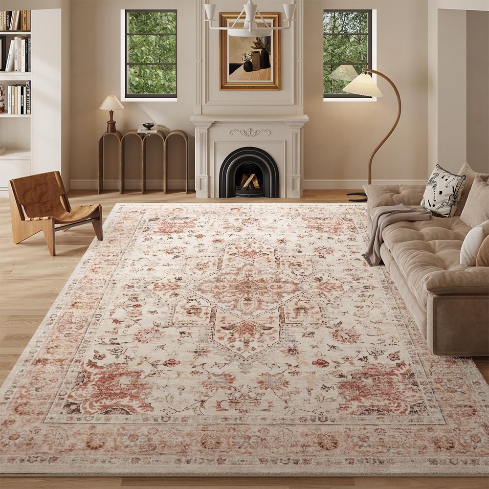 8x10 Reddish Brown Washable Area Rug for Living Room, Vintage Print