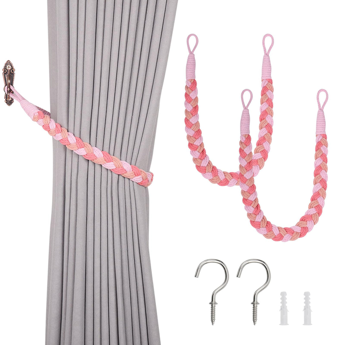 NICEEC 2 Pack Natural Cotton Rope Curtain Tiebacks Elegant Boho Style Decorative Drape Tie Backs Soft Hand-Woven Rope Curtain Holdbacks with Metal Hook for Home & Office Drapery (Coffee)