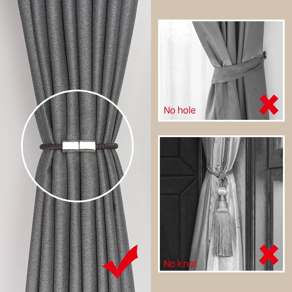 NICEEC 2 Pack Mini Magnetic Curtain Tiebacks Modern Simple Style Drape Tie Backs Elegant Hand Weave Rope Knot Decorative Curtain Holdbacks for Home & Office Window Drapery (Dark Grey)