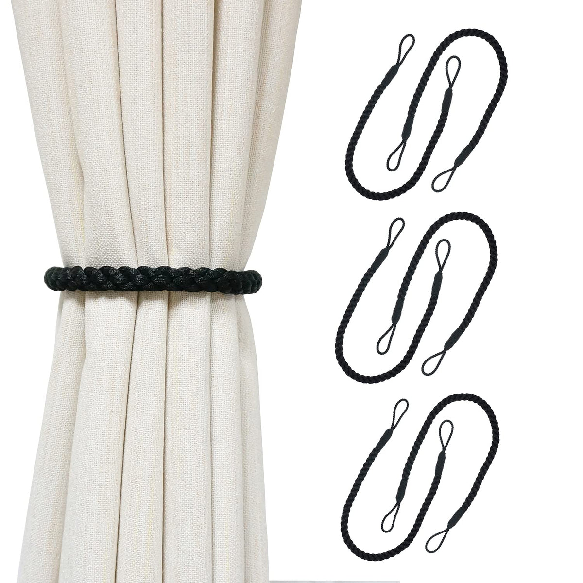 Curtain Tiebacks Ropes, 2pcs Decorative Handmade Tie Backs Curtain Holdbacks Holders Cord for Window Sheer Drapes Indoor Outdoor, Grey