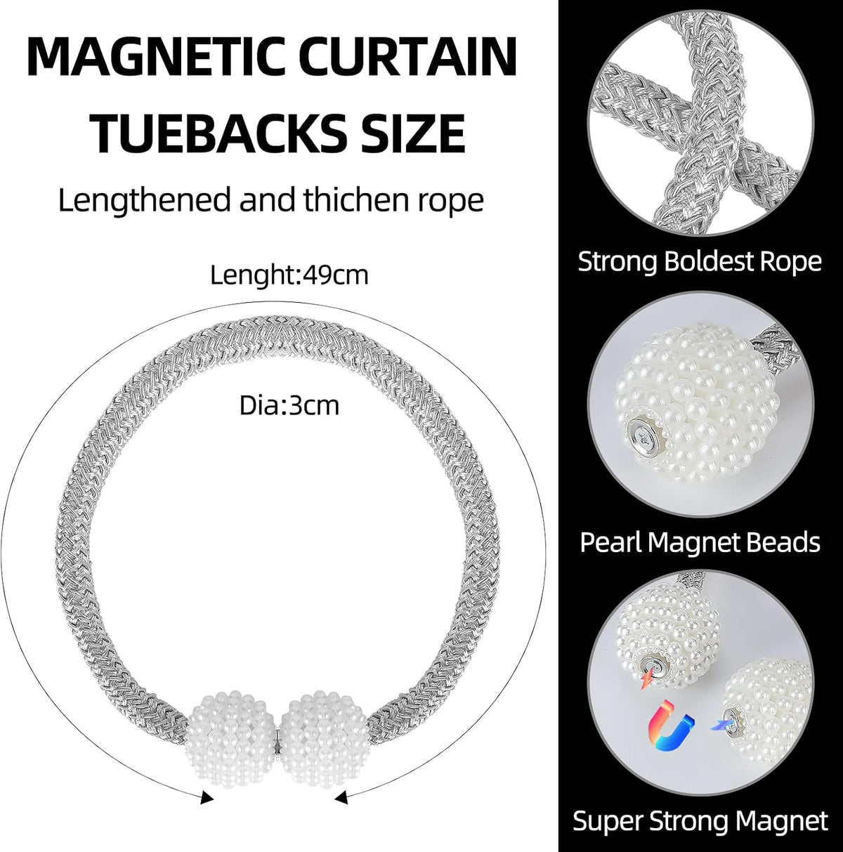 8 Pack Magnetic Curtain Tiebacks with Pearls,Elegant Window Treatment Holdbacks for Heavy Outdoor Drapes (Grey)
