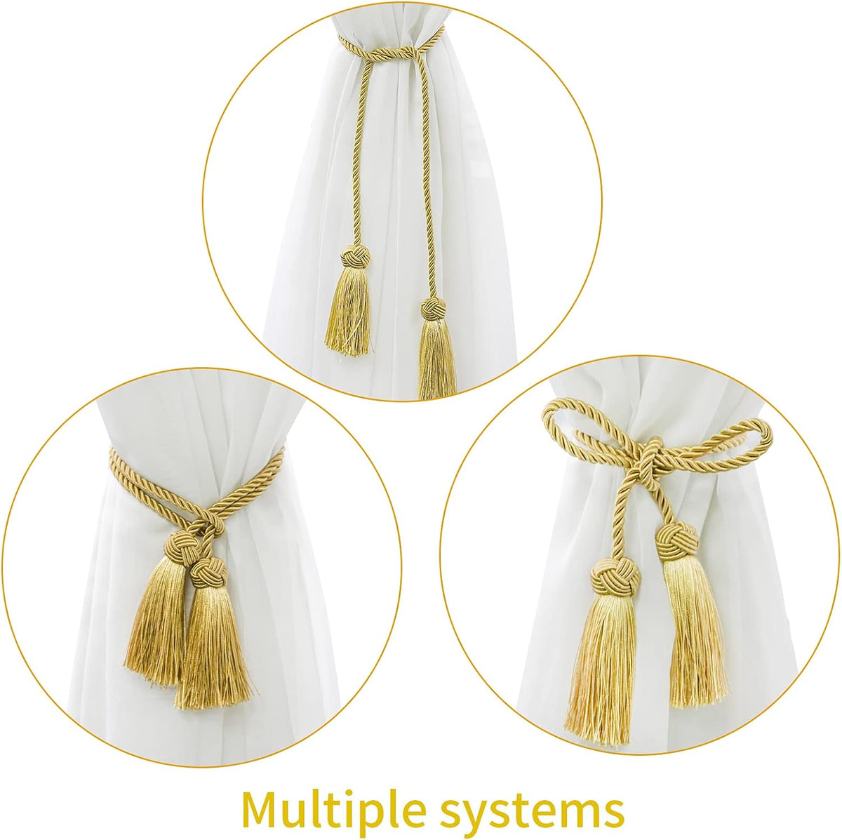 4 Pack Curtain Tiebacks Window Curtain Tiebacks Decorative Tassels Tieback Gold Rope with Tassels for Home Window Office Decoration(Gold)