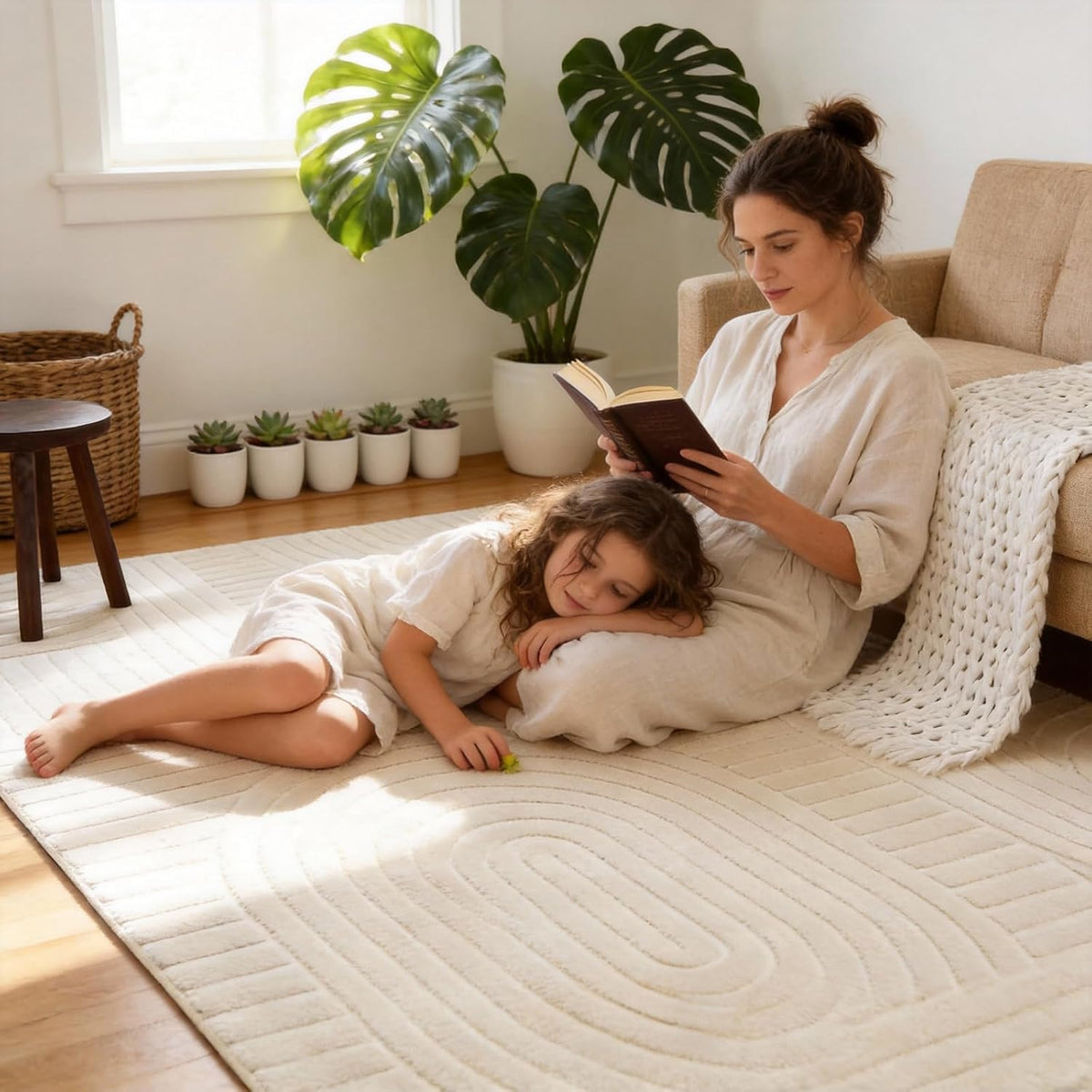 5x7 Solid Beige Area Rugs for Living Room, Geometric Washable Rug