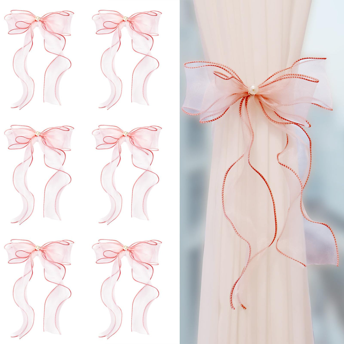 White Lace Bow Curtain Tiebacks 6-Pack, Vine Floral Curtain Holdbacks